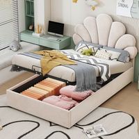 cama contenedor 90 x 200 cm con cabecero floral ajustable - tejido de terciopelo - beige sin colchon