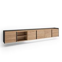 mueble tv television muebles de salon almacenaje 309x50x35 cm para tv hasta 80 colgado suspendido led estilo moderno roble y negro