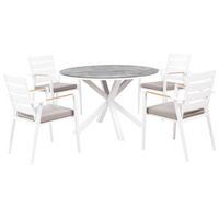 conjunto de jardin de 4 plazas mesa de aluminio con tablero efecto marmol pardo sillas con cojines gris malettotaviano