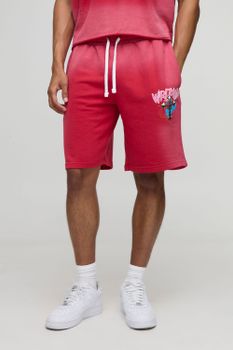Pantalones Cortos Oversize Desgastados De Largo Medio Con Estampado Gráfico De Cruces Y Lavado A La Piedra, Rojo
