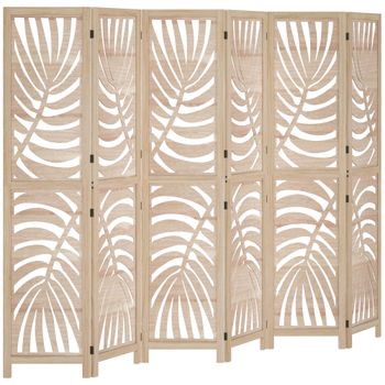 HOMCOM Biombo interior de madera 6 paneles 240 x 170 cm, plegable y portátil, motivo de hoja, diseño desmontable, madera natural