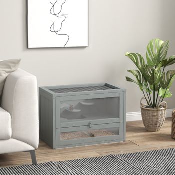 Jaula Multiusos Pawhut para Hámster, Ratón y Mascotas Pequeñas con Rampa y Plataforma, Techo de Malla Abrible, Puerta Gris