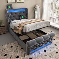 cama con cabecero y canape de 90 x 200 cm - tomas usb y tipo c - led - terciopelo - gris sin colchon