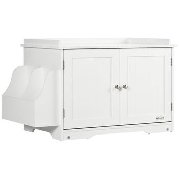 PawHut Casa de arena para gatos diseño mueble escondite para arena 2 en 1 mesa auxiliar 2 puertas con tabique removible blanco