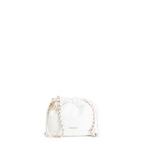 minibolso con cierre de cordon y bandolera de cadena con elegantes hilos white