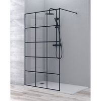 mampara de ducha fijo walk in cuadricula  vidrio templado 8mm antical  195cm altura  negro  70-120cm  70 cm 1 fijo - negro mate - cuadricula negra