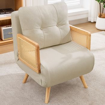 Sillón-cama Reclinable 3 En 1 Convertible En Cama Adicional, Acolchado, Respaldo Ajustable En 5 Posiciones, Reposabrazos De Ratán, Beige