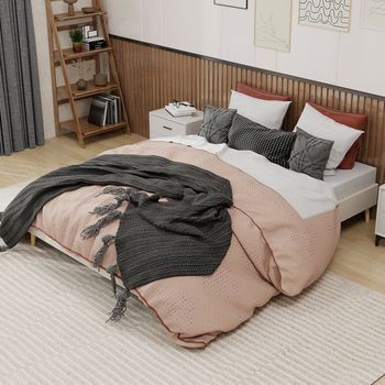 Cama Doble Baja Tapizada En Terciopelo Holandés Beige, 160x200 Cm, Moderna Minimalista