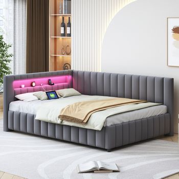 Cama Sofá Doble Acolchada De Terciopelo Gris Con Iluminación Led Y Puerto Usb, Respaldo Y Cabecera, Marco Sólido, 140x200 Cm