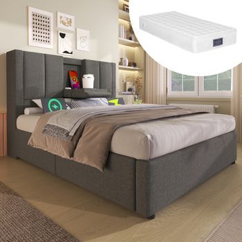 Cama Hidráulica Tapizada De 90x200 Cm, Color Gris Lino.