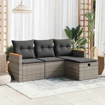 Set De Sofás De Jardín 4 Uds | Juego De Muebles De Jardín Y Cojines Ratán Sintético Gris Cfw43655