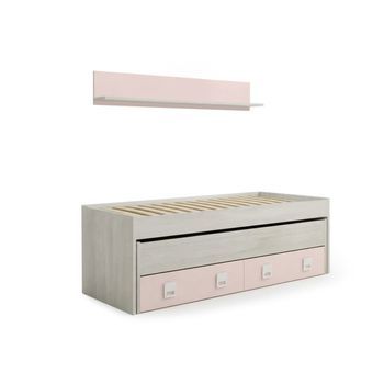 Cama Nido Juvenil Nube Con Estante + 2 Cajones, 199 Cm, Rosa + Somier Creta 90x190