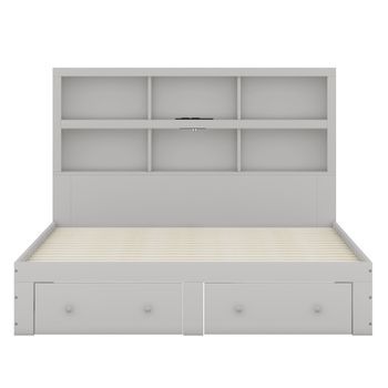 Cama De Madera Maciza De 160x200cm Con Cajones Y Cabecero Con Almacenaje Con Somier Gris