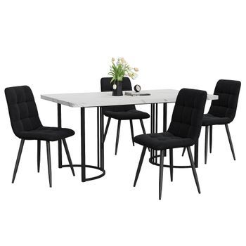 Juego De Comedor 5 Piezas, Mesa De Comedor Con 4 Sillas De Terciopelo Negro, Efecto Mármol, 140x80 Cm, Mdf Y Metal, Blanco Y Negro