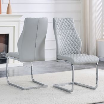 Pack De 2 Sillas De Comedor, Polipiel Gris Claro, Respaldo Alto Y Estructura Metálica Plateada