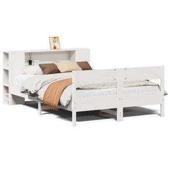 Cama Matrimonial | Cama Para Adulto | Cama Con Estantería Sin Colchón Madera Maciza Blanca 135x190 Cm
