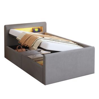 Cama Infantil 90 X 200 Cm - Led - Usb - Estantería Hidráulica Y Almacenaje - Cama Individual - Terciopelo - Gris Claro