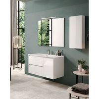 mueble de bano suspendido con lavabo ceramico  2 cajones y puerta lateral con cierre amortiguado y organizador  100 cm - blanco brillo - cromo