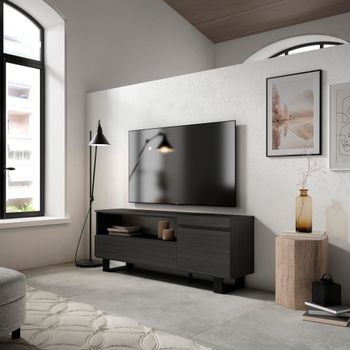 Mueble tv efecto madera negro 150x35x57cm con patas