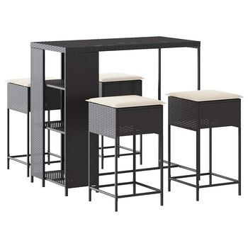 Juego De Bar De Jardín De 5 Piezas | Mueble De Jardín Con Cojines Ratán Pe Negro