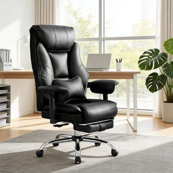 Silla De Oficina Ergonómica Negra, Respaldo Alto, Reclinable Y Reposapiés Extensible