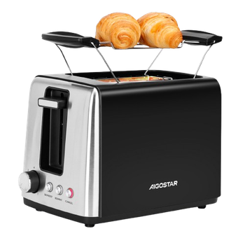 Aigostar Delish - Tostadora 2 Ranuras Extra Anchas y Rejilla Calentadora, 7 Niveles de Tostado, Centrado Automático, 3 Funciones, Bandeja Recogemigas Extraíble, Color Negro Mate y Acero Inoxidable, Delish