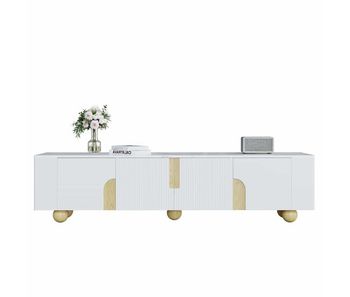 Mueble tv 180 cm - 4 puertas, diseño elegante, superficie efecto mármol, pies de madera esféricos - blanco, madera