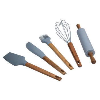 Set de 6 utensilios de cocina en silicona y madera gris y marrón