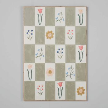 Cuadro impreso y pintado verde con flores, 79x119 cm