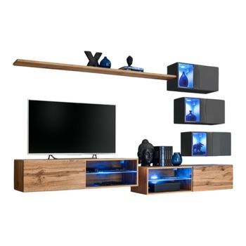 Conjunto De Muebles De Salón Switch Xxiv, Diseño En Colores Roble Y Gris.