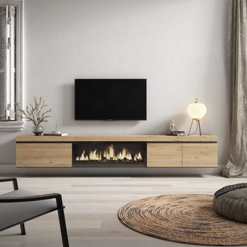 Mueble tv efecto madera roble 288x35x45cm chimenea efecto fuego