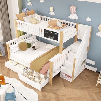 Cama Literas Infantil Doble Con Tablero Y Cajones, Blanco Y Roble Claro, 90x200 + 140x200