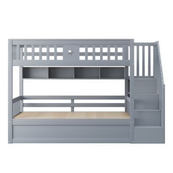 Cama Alta 90x200 Cm - Cama Juvenil, Con Escalera De Almacenamiento Y Estanterías - Gris