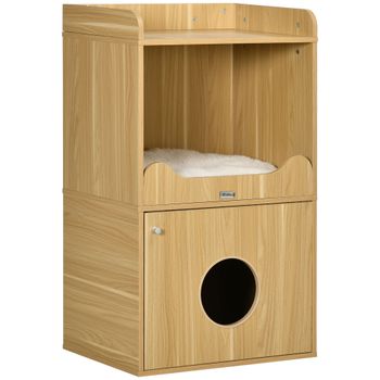 PawHut Casa de baño para gatos mueble de arena para gatos 3 niveles compartimiento cerrado con una puerta 1 cojín 60x45x103 cm   Aosom España