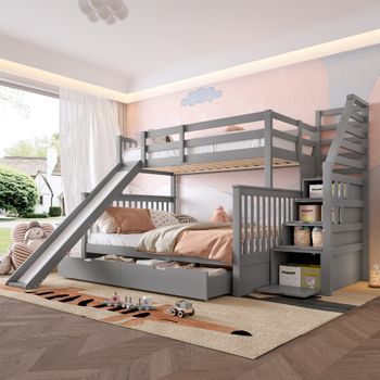 Litera Infantil Con Tobogán 90x200 Sobre 140x200, Madera De Pino, Gris