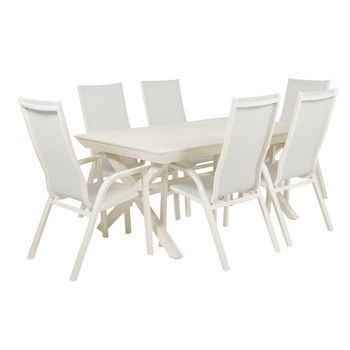 Conjunto De Mesas Y Sillas De Jardín, Extensible, Aluminio Y Textilene, Color Blanco Envejecido, Mesa:170x100x75 Sillas:65x56x112