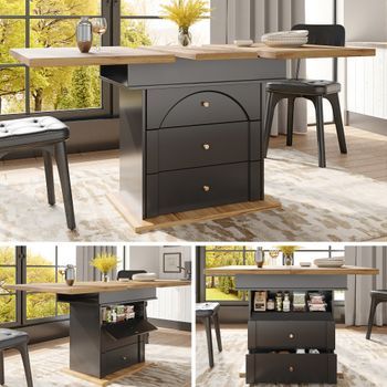 Mesa De Comedor Extensible Con 1 Puerta Y 2 Cajones - Mdf - Negro + Natural