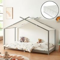 cama para ninos brome forma casita con colchon y techo pino 90x200cm - gris y blanco encasa