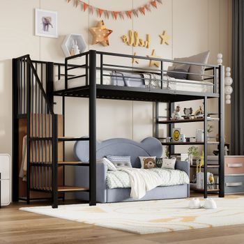 Cama Alta Infantil 90x200 Metálica Negra Con Escalera Y Almacenamiento