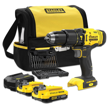 STANLEY SFMCD711DSA-QW - Taladro percutor V20 18V + 2 baterías 2AH + cargador + bolsa transporte + set de 50 accesorios