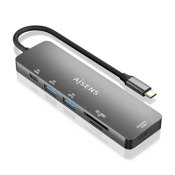AISENS USB C Dock 6 EN 1 USB C a 1xHDMI 2xUSB A 1xUSB C PD 100W 1xSD 1xMicro SD Gris 15cm