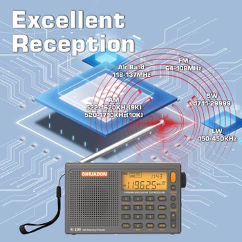SIHUADON R108 DSP Radio AM FM SW LW Airband Receptor de banda completa Funciona con pilas con conector de antena para auriculares Tiempo de sueño y alarma