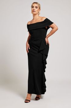 Yours London Vestido Largo Negro Con Escote Bardot, Mujer Curvy Y Tallas Grandes, Yours London