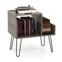 costway soporte para tocadiscos con enchufe mesa auxiliar con divisor para hasta 145 albumes y estante de exhibicion con patas de metal