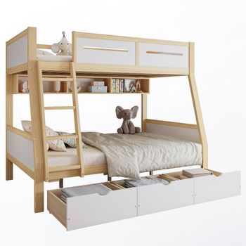 Cama Litera Con 3 Cajones Y Estantería, Litera Infantil De Madera, Cama Doble 90x200 Y 120x200, Pino, Blanco Y Natural