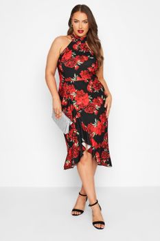 Yours London Vestido Halter Negro Floral Falda Cruzada, Mujer Curvy Y Tallas Grandes, Yours London