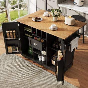 Isla De Cocina, Carrito De Comedor, Vetas De Madera, Toallero Lateral, Ruedas, Negro
