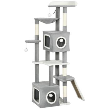 PawHut Árbol Rascador para Gatos con 2 Casetas, Rampa, Posaderos y 4 Bolas, 48x40x165 cm, Gris y Blanco