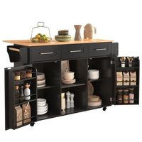 isla de cocina con ruedas y encimera abatible 3 cajones 139x71x915cm mdf negro y madera