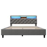 cama doble acolchada 140x200 cm de lino con led y espacio de almacenamiento - somier de laminas - gris